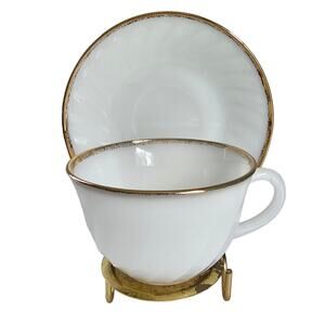 Vintage Fire King Cups Saucers GOLDEN ANNIVERSARY Swirl Gold Rim Set of 4 1950s